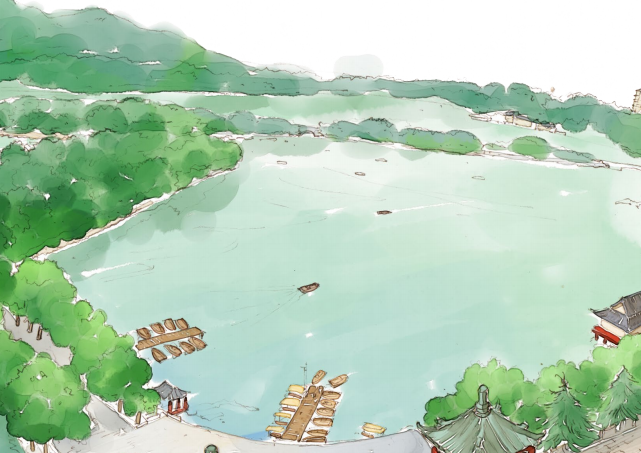 小杆子阿槑手绘的玄武湖景色